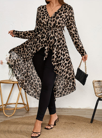 Plus Size Women's Elegant Leopard Print V-Neck Long Sleeve Blouse - Front Short Back Long Length, Semi-Sheer Lightweight Chiffon Top for Spring/Summer, Machine Washable, Chic Chiffon Blouse, Summer Fashion, Vneck Design, Leop