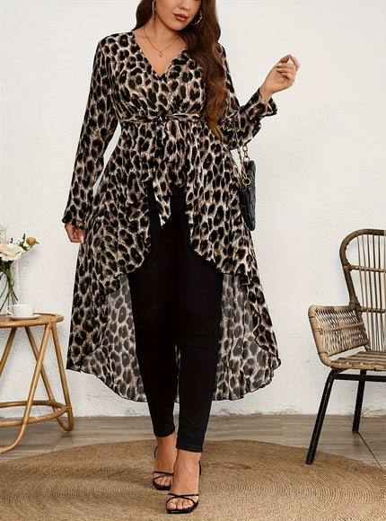 Plus Size Women's Elegant Leopard Print V-Neck Long Sleeve Blouse - Front Short Back Long Length, Semi-Sheer Lightweight Chiffon Top for Spring/Summer, Machine Washable, Chic Chiffon Blouse, Summer Fashion, Vneck Design, Leop