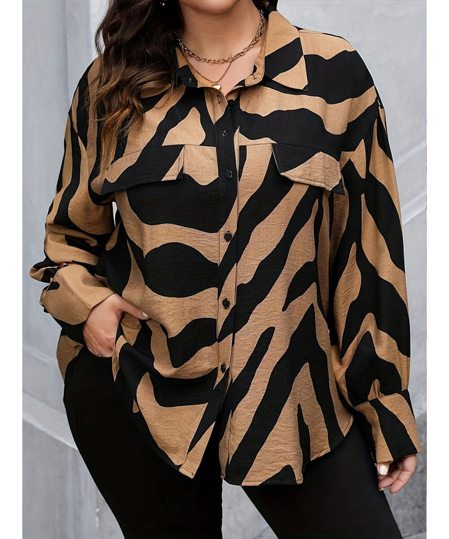 Plus Size, Plus Size Women's Elegant Loose-Fit Long Sleeve Shirt with Drop Shoulder & Random Print - Machine Washable Non-See-Through Top for All Seasons, Ladies Long Sleeve Tops, Relaxed Fit Clothing, Casual Wear, Smooth Tex