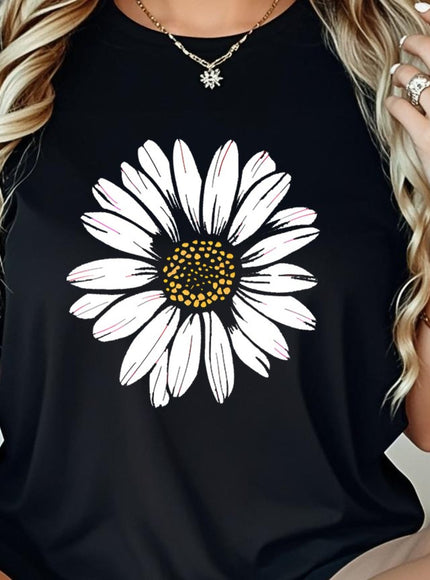 Plus Size, Women's Black Floral Print T-Shirt - Elegant Casual Chic Tee with White Floral Pattern, Relaxed Fit Round Neck Top for Everyday & Formal Outfits, Machine Washable Shirt for Women, Summer Outfit, Chic Style, Medium