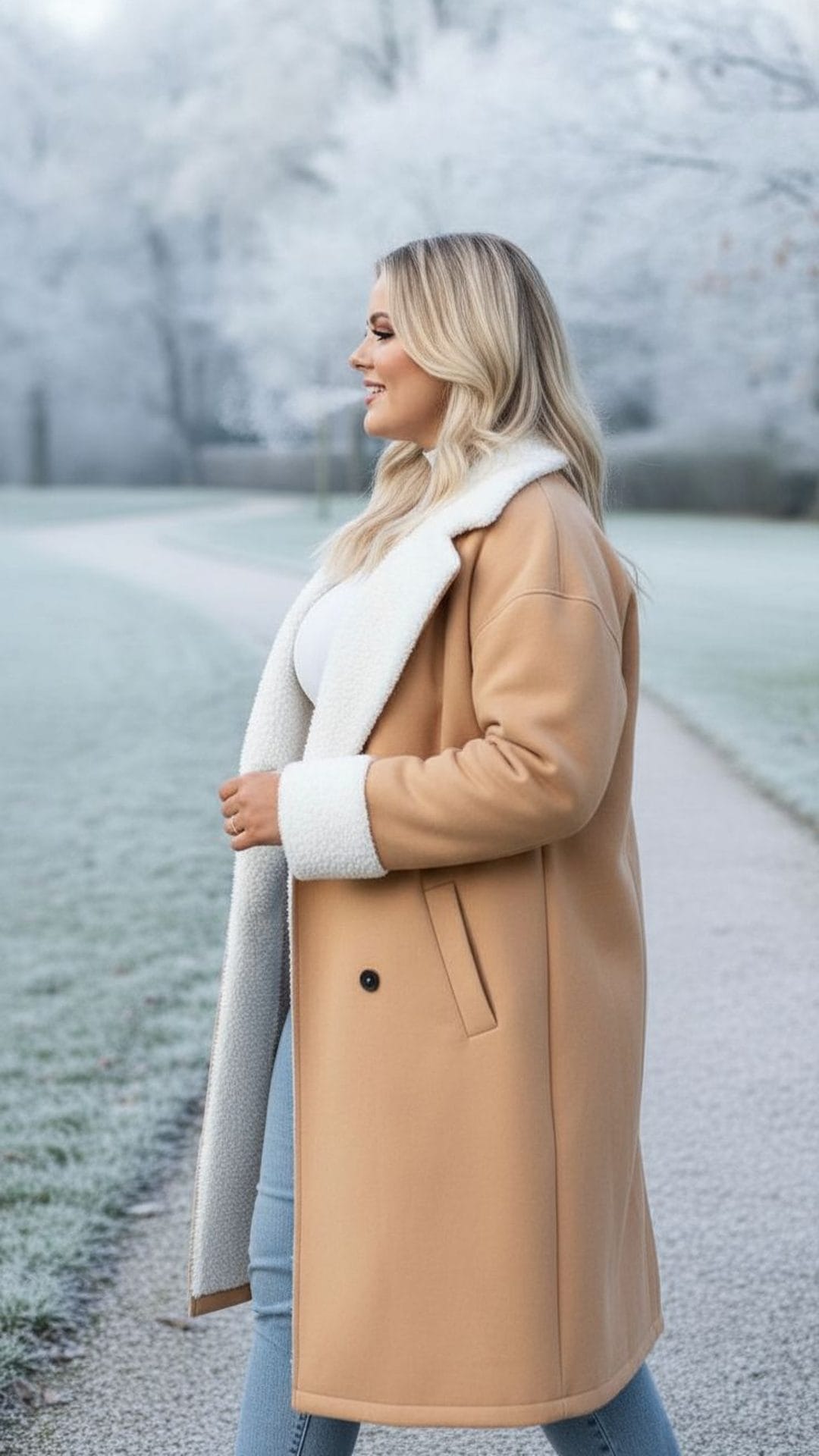KissICON Camel Shearling-Lined Winter Coat – Plus Size Warmth & Style