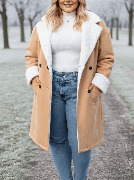 KissICON Camel Shearling-Lined Winter Coat – Plus Size Warmth & Style