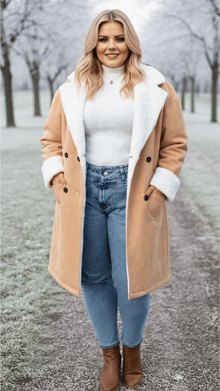 Camel Shearling-Lined Winter Coat – Plus Size Warmth & Style