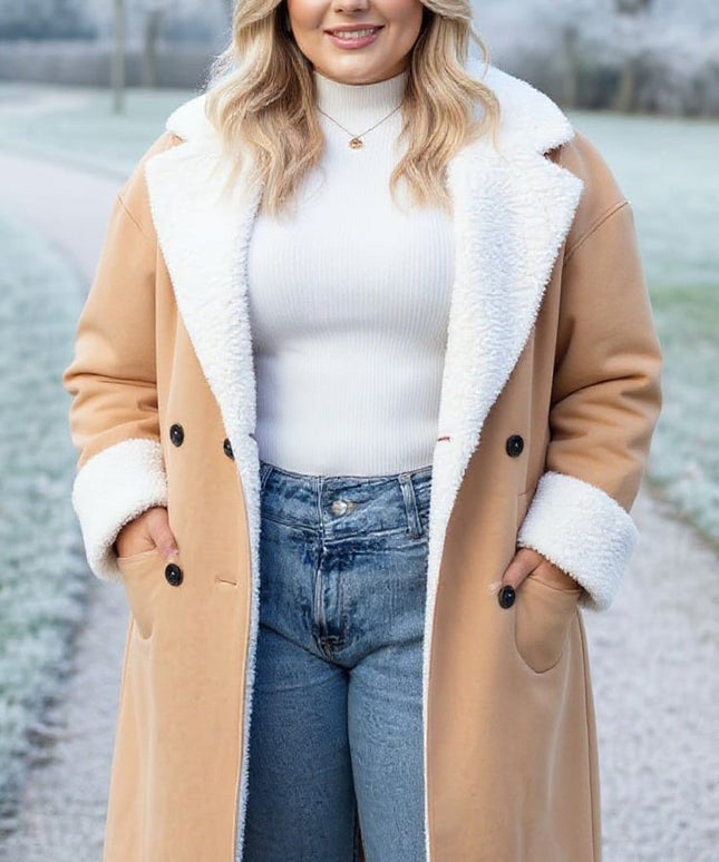 KissICON Camel Shearling-Lined Winter Coat – Plus Size Warmth & Style