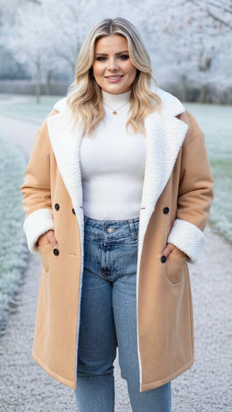 KissICON Camel Shearling-Lined Winter Coat – Plus Size Warmth & Style