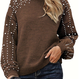 jkthpu-45 Camel / UK 16 Plus Size Faux Pearl Elegant Women's Long Sleeve