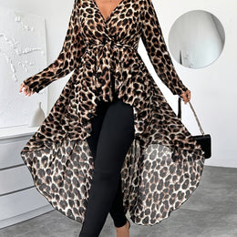 KissICON Camel / UK 16 Plus Size Women's Elegant Leopard Print V-Neck Long Sleeve Blouse - Front Short Back Long Length, Semi-Sheer Lightweight Chiffon Top for Spring/Summer, Machine Washable, Chic Chiffon Blouse, Summer Fashion, Vneck Design, Leop