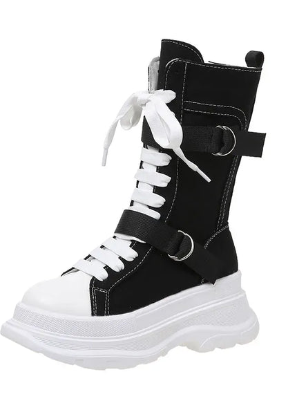 KissICON Canvas Chunky Platform Women's Boots Lace-Up Side Zipper