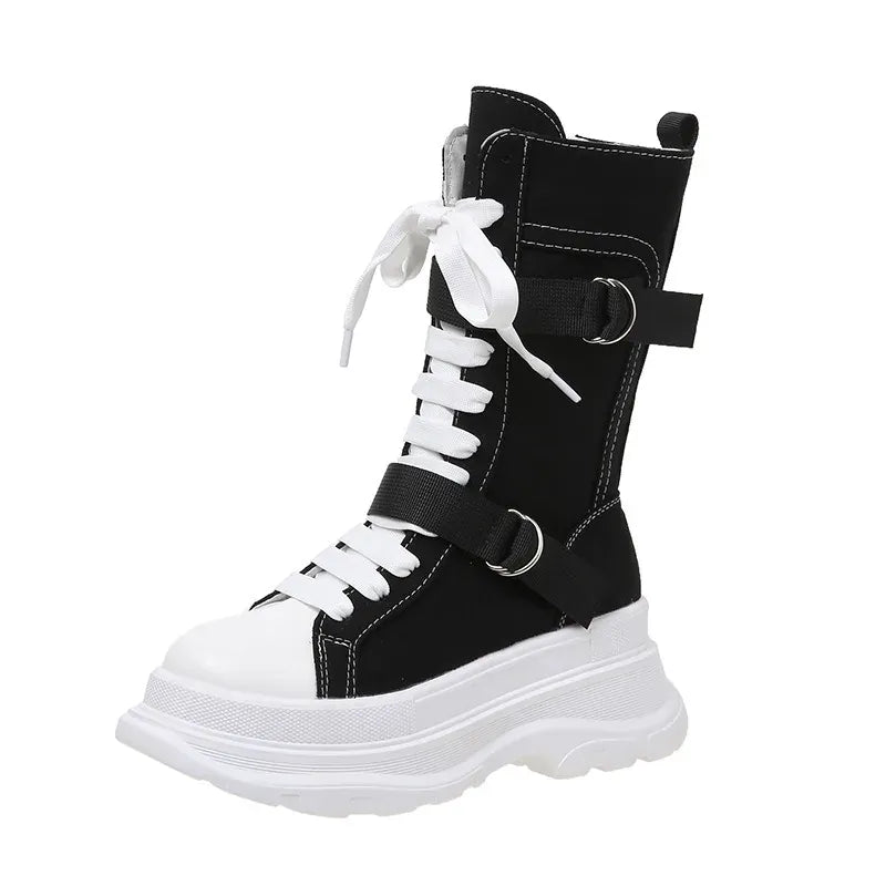 KissICON Canvas Chunky Platform Women's Boots Lace-Up Side Zipper