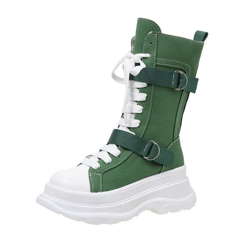 KissICON Canvas Chunky Platform Women's Boots Lace-Up Side Zipper