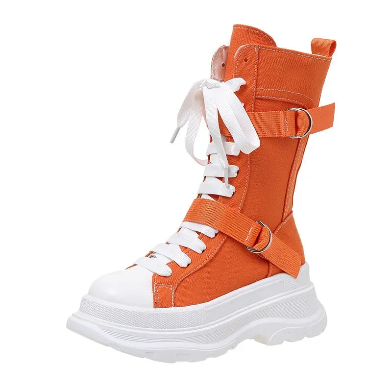 KissICON Canvas Chunky Platform Women's Boots Lace-Up Side Zipper