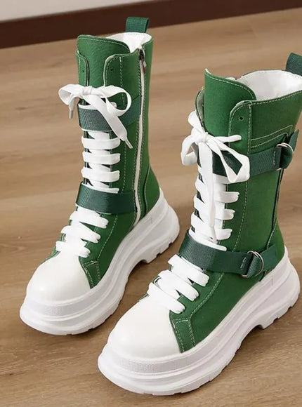 KissICON Canvas Chunky Platform Women's Boots Lace-Up Side Zipper
