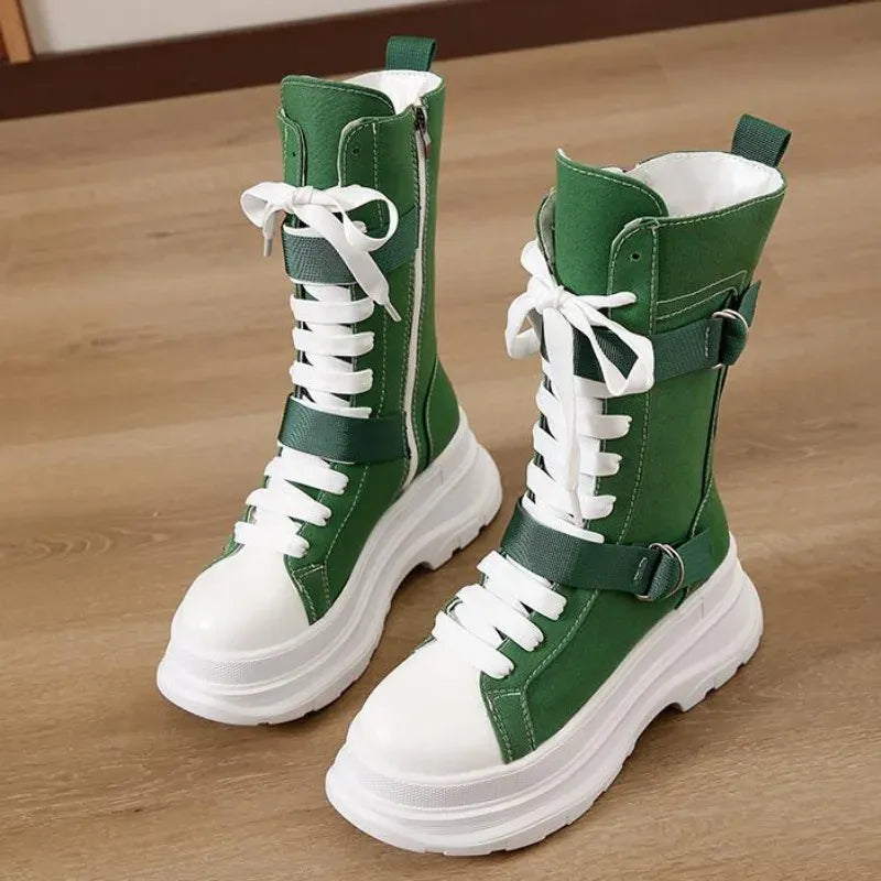 KissICON Canvas Chunky Platform Women's Boots Lace-Up Side Zipper