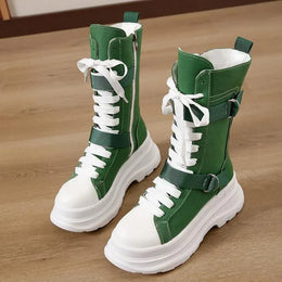 KissICON Canvas Chunky Platform Women's Boots Lace-Up Side Zipper
