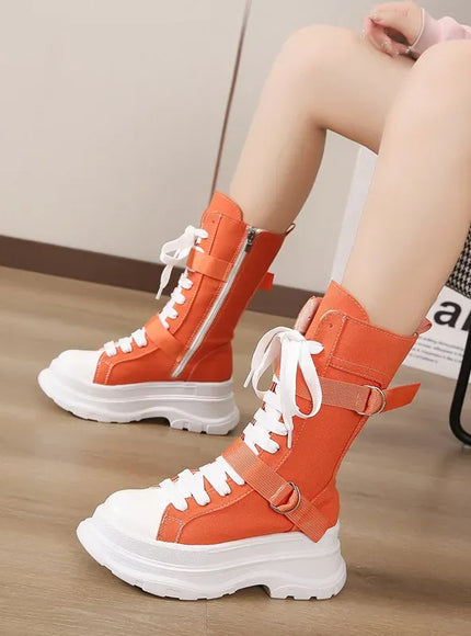 KissICON Canvas Chunky Platform Women's Boots Lace-Up Side Zipper