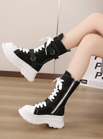 KissICON Canvas Chunky Platform Women's Boots Lace-Up Side Zipper