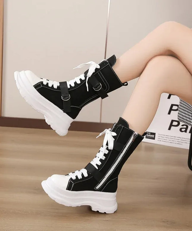 KissICON Canvas Chunky Platform Women's Boots Lace-Up Side Zipper
