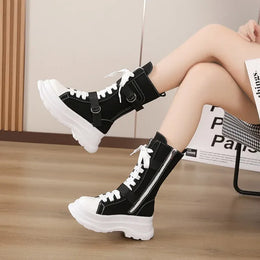 KissICON Canvas Chunky Platform Women's Boots Lace-Up Side Zipper