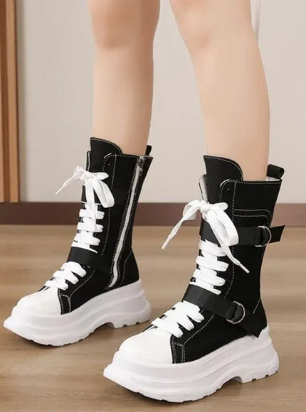 KissICON Canvas Chunky Platform Women's Boots Lace-Up Side Zipper
