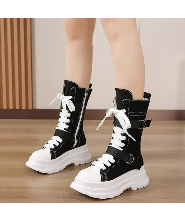 KissICON Canvas Chunky Platform Women's Boots Lace-Up Side Zipper