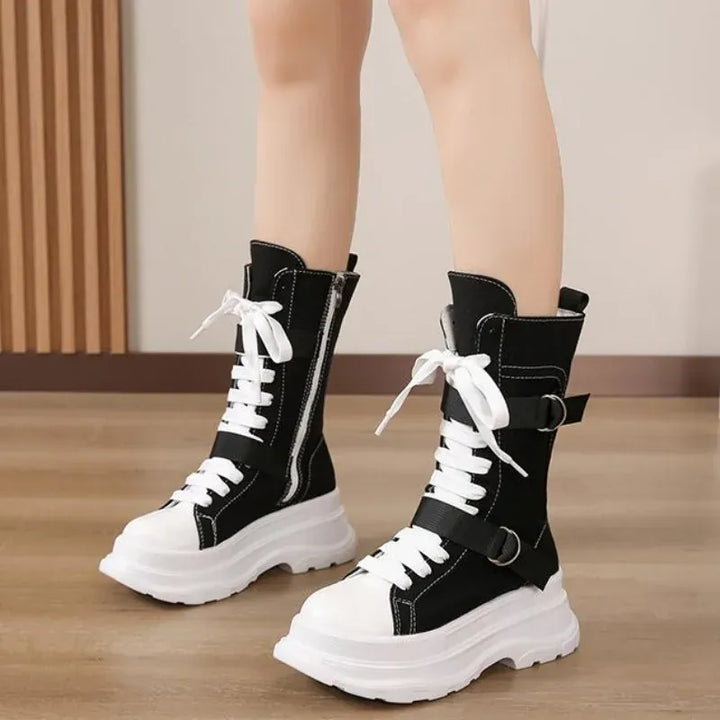 Canvas Chunky Platform Women's Boots Lace-Up Side Zipper