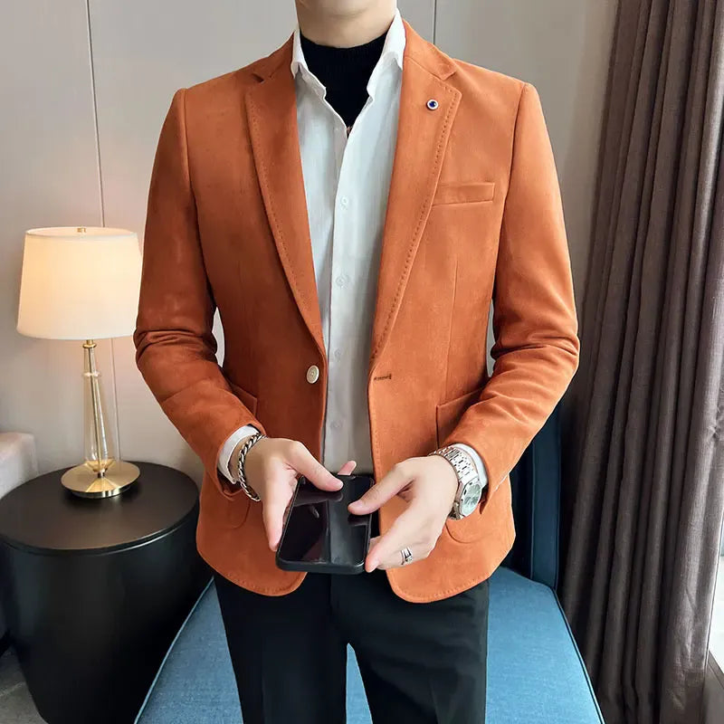 KissICON Caramel / M Stylish Korean Suede SlimFit Mens Business Casual Suit