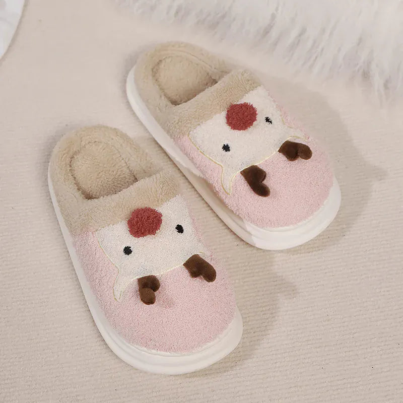 KissICON Cartoon Christmas Elk Fluffy Slippers Women Winter Warm