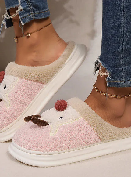 KissICON Cartoon Christmas Elk Fluffy Slippers Women Winter Warm