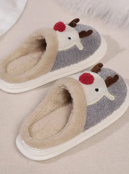 KissICON Cartoon Christmas Elk Fluffy Slippers Women Winter Warm