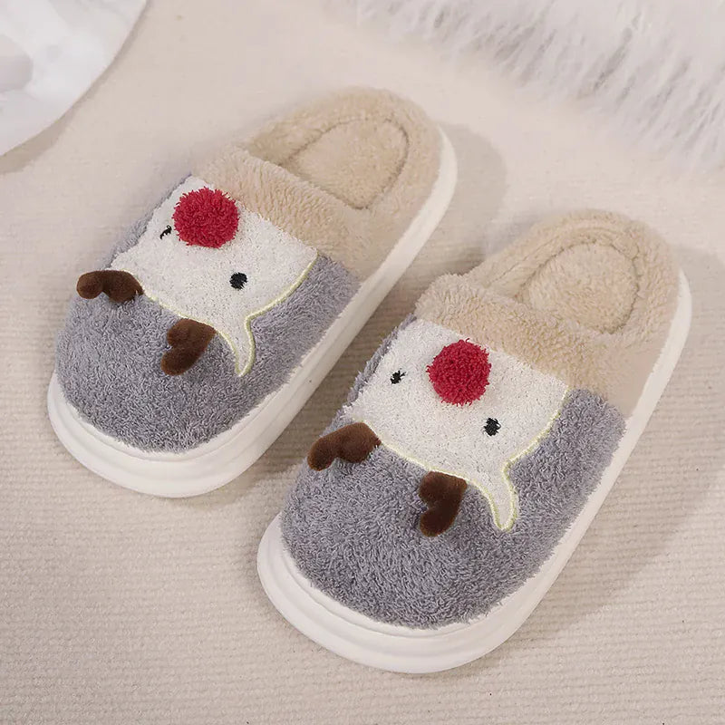 KissICON Cartoon Christmas Elk Fluffy Slippers Women Winter Warm