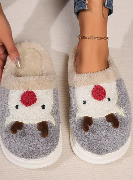 KissICON Cartoon Christmas Elk Fluffy Slippers Women Winter Warm