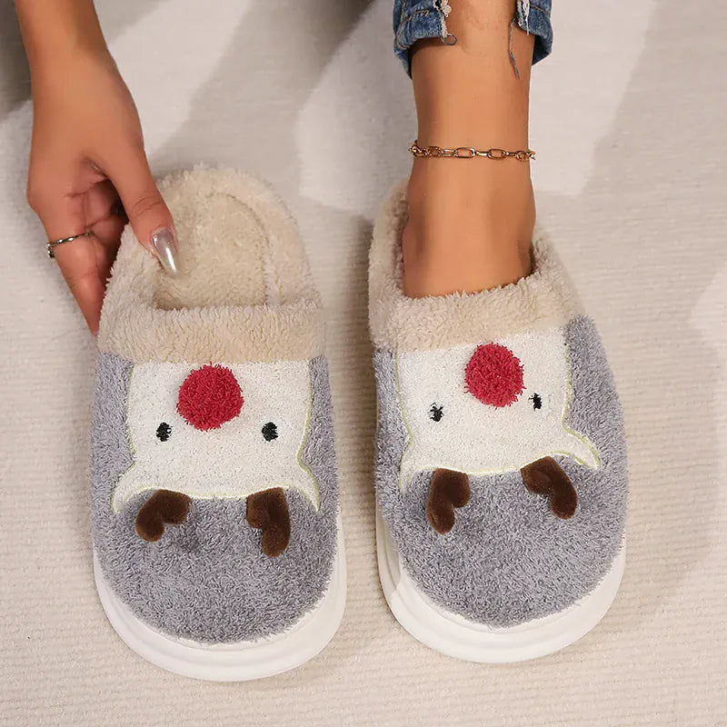 KissICON Cartoon Christmas Elk Fluffy Slippers Women Winter Warm