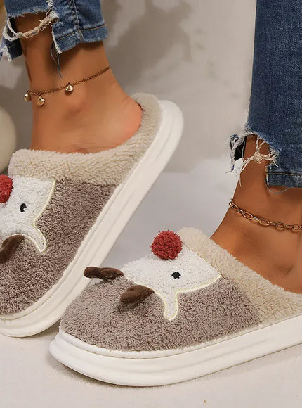 KissICON Cartoon Christmas Elk Fluffy Slippers Women Winter Warm