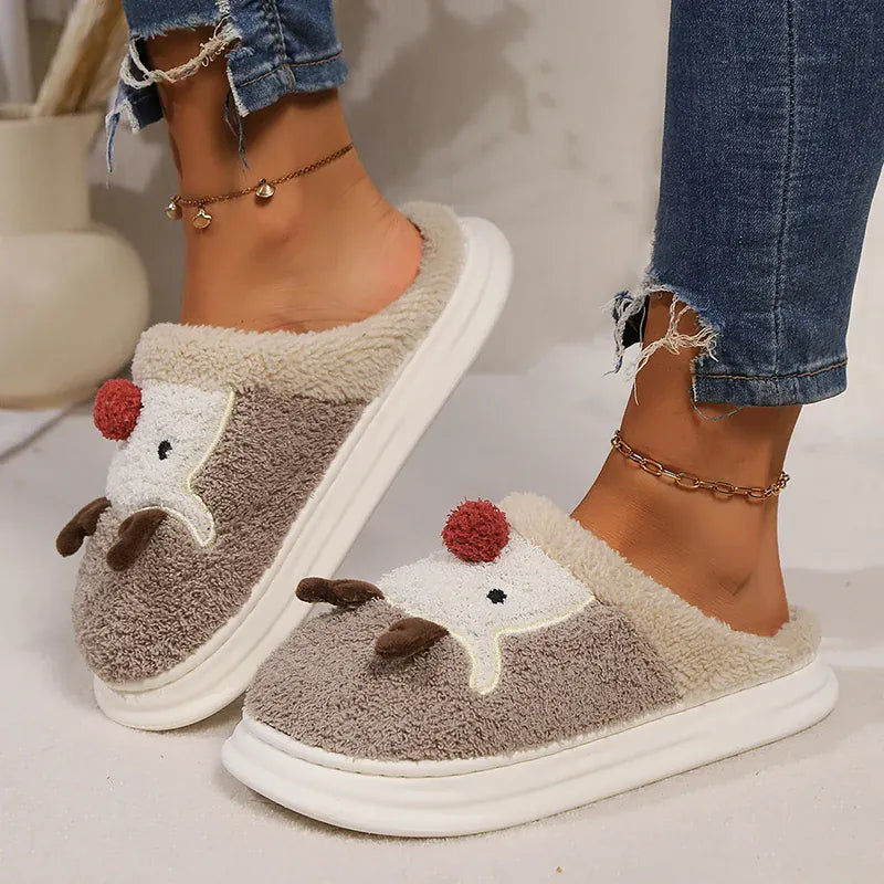 KissICON Cartoon Christmas Elk Fluffy Slippers Women Winter Warm