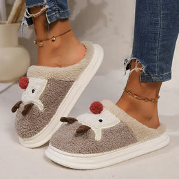 KissICON Cartoon Christmas Elk Fluffy Slippers Women Winter Warm