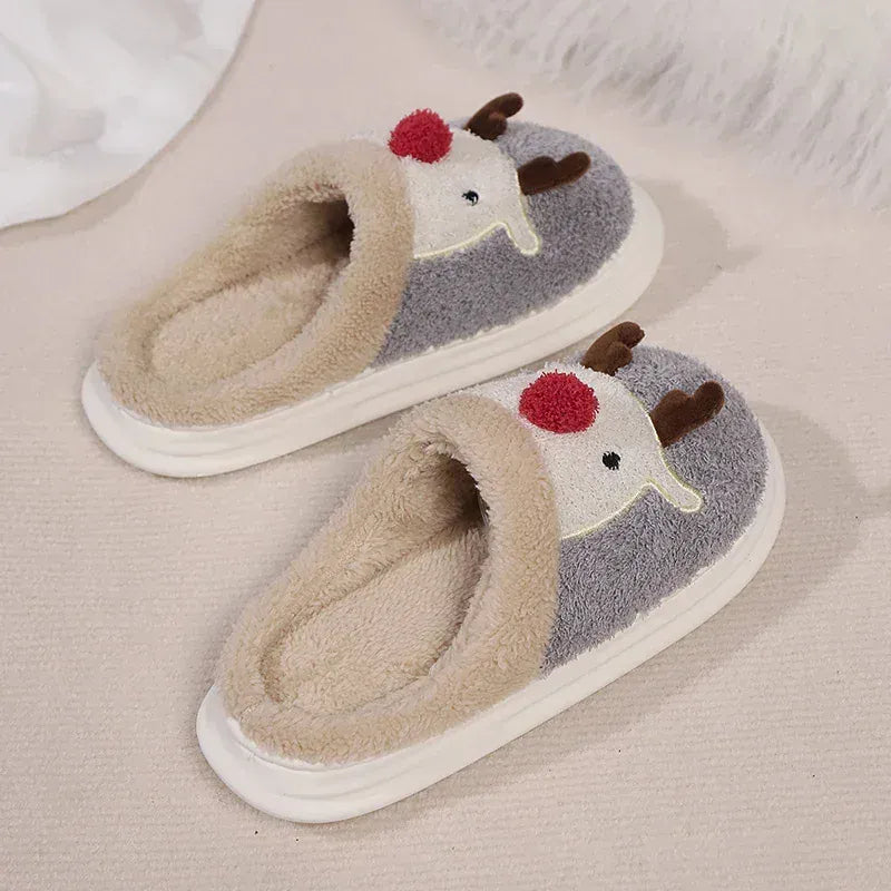 KissICON Cartoon Christmas Elk Fluffy Slippers Women Winter Warm