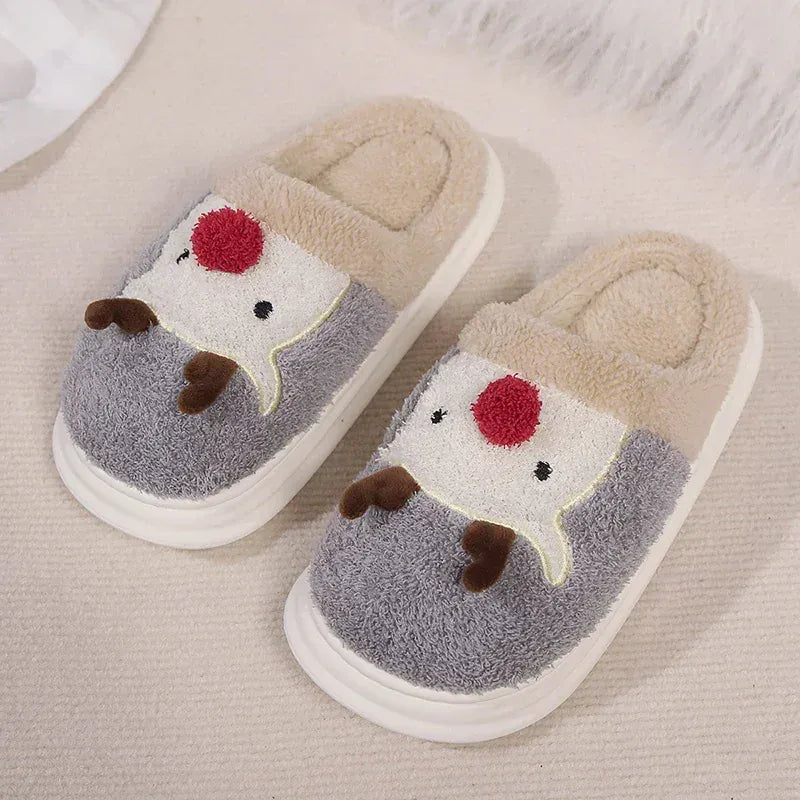 KissICON Cartoon Christmas Elk Fluffy Slippers Women Winter Warm