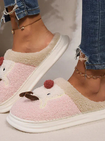 KissICON Cartoon Christmas Elk Fluffy Slippers Women Winter Warm