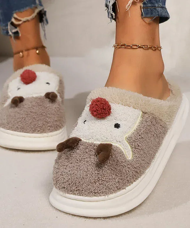 KissICON Cartoon Christmas Elk Fluffy Slippers Women Winter Warm