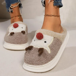 KissICON Cartoon Christmas Elk Fluffy Slippers Women Winter Warm