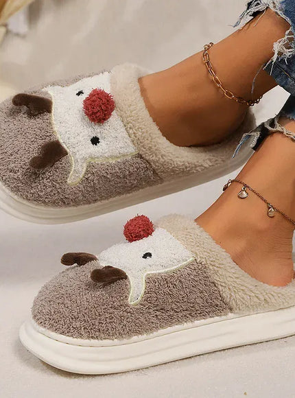KissICON Cartoon Christmas Elk Fluffy Slippers Women Winter Warm