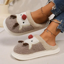 KissICON Cartoon Christmas Elk Fluffy Slippers Women Winter Warm
