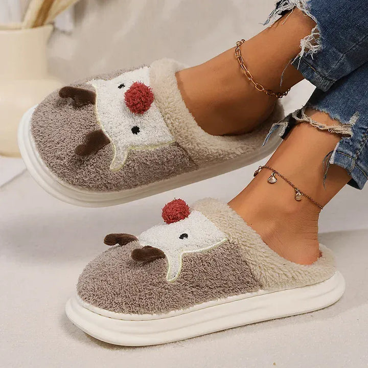Cartoon Christmas Elk Fluffy Slippers Women Winter Warm