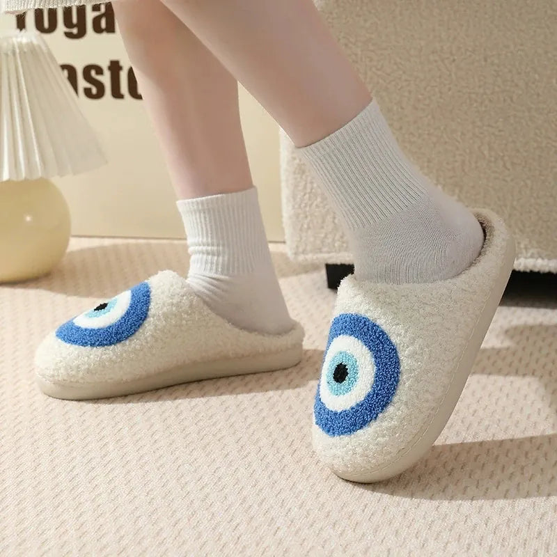 KissICON Cartoon Eyes Cotton Slippers for Women Soft Soles