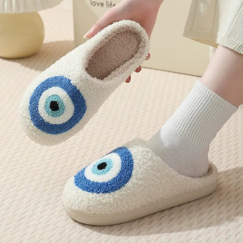 KissICON Cartoon Eyes Cotton Slippers for Women Soft Soles
