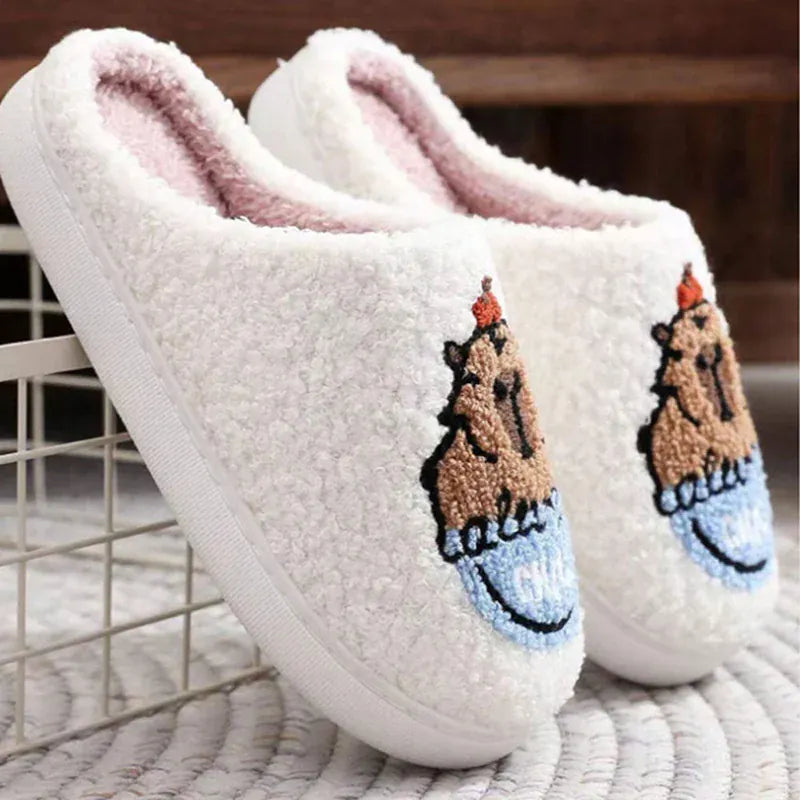 KissICON Cartoon Flat Heels Cotton Slippers Women Winter Non