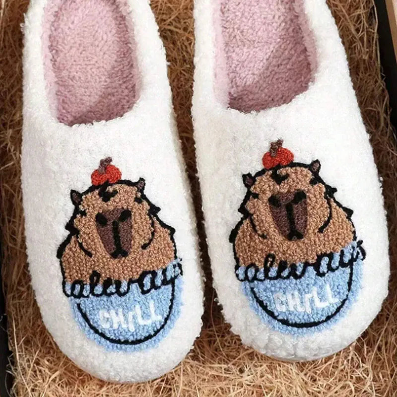 KissICON Cartoon Flat Heels Cotton Slippers Women Winter Non