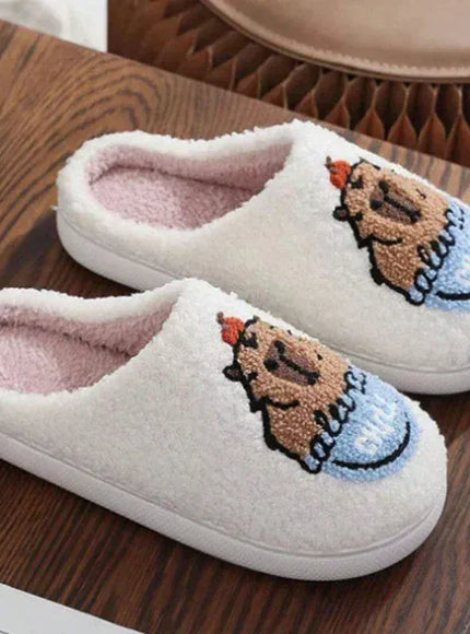 KissICON Cartoon Flat Heels Cotton Slippers Women Winter Non