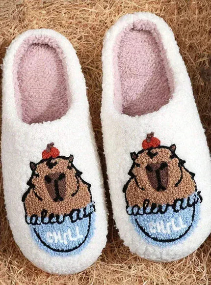 KissICON Cartoon Flat Heels Cotton Slippers Women Winter Non