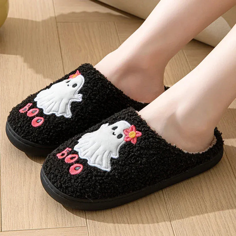 KissICON Cartoon Halloween Ghost Cotton Slippers Women Winter Cute